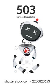 Diseño vectorial de caracteres no disponibles para robots. Error de la página web 503 con la tecnología de ai cyborg para la alerta de disparo de problemas del sistema. Ilustración vectorial.
