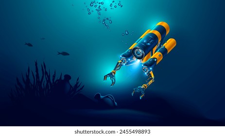 Robot underwater exploration seabed. Autonomous underwater drone with camera, robotic arms research ancient ruins, ancient amphora at bottom of ocean. Underwater oceanographer drone treasure hunter.