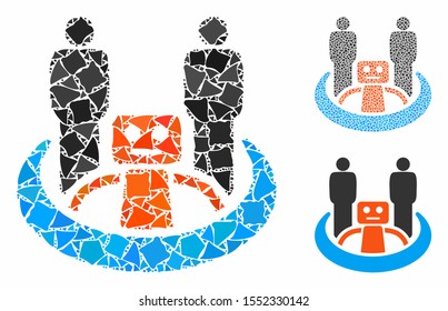 Robot union composition of bumpy items in different sizes and shades, based on robot union icon. Vector rough items are composed into illustration. Robot union icons collage with dotted pattern.
