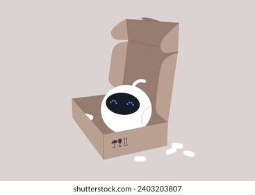 A robot unpacks a cardboard box featuring a delivery label, setting the scene for an adorable unboxing moment