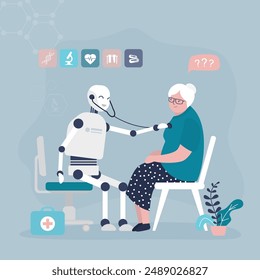 Robot use stethoscope and checks heart rate or lungs of elderly patient. Medical cyborg with AI examines sick grandmother. Hospital room. Сlinic with new technologies and medical services. flat vector