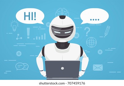 Robot Uses Laptop Computer. Concept Of Chat Bot, A Virtual Online Assistant.