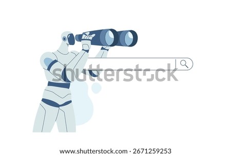 Robot using binoculars searching online information from web browser bar, AI support, Search engine optimization, Flat vector design illustration.
