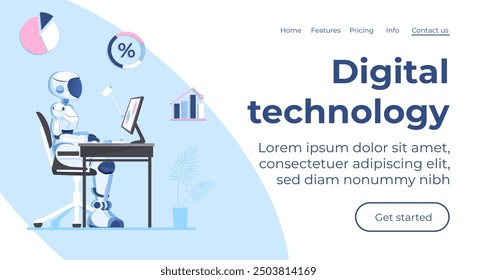 Robot usando la computadora en la oficina del escritorio del lugar de trabajo. Vista lateral del proceso de trabajo. Concepto de tecnología de inteligencia artificial Horizontal. Para Anuncio de Web, infografía. Automatización analizando bases de datos de trabajo.