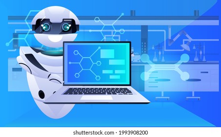 robot using laptop robotic chemists making experiments in lab artificial intelligence concept