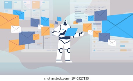 robot using laptop sending and receiving envelopes email letters artificial intelligence technology