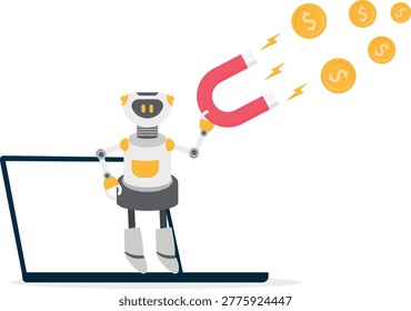 Robot using magnet to attract gold coins from laptop