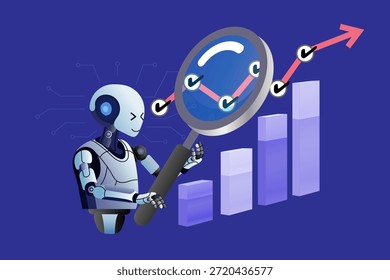 Robot using magnifying glass to analyze rising financial graph with checkmarks. Flat vector illustration for artificial intelligence, stock market data analysis and automated trading success.