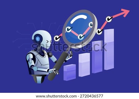 Robot using magnifying glass to analyze rising financial graph with checkmarks. Flat vector illustration for artificial intelligence, stock market data analysis and automated trading success.