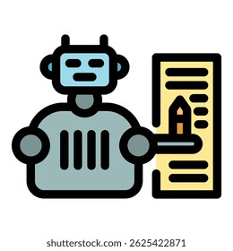 Robot using pencil writing code on paper, programming artificial intelligence concept, automation and technology icon