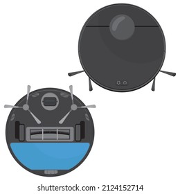 Robot vacuum cleaner black from different sides, color vector illustration isolated on a white background