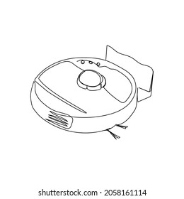 Robot vacuum cleaner at the charging station continuous line drawing. One line art of home appliance, cleaning, floor washing, apartment cleaning, smart technology.