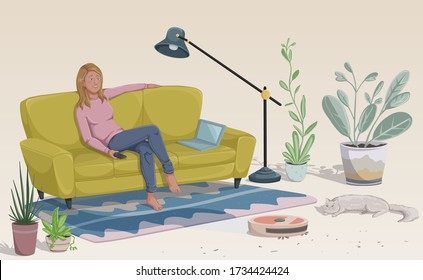 Robot vacuum cleaner cleaning the room while woman relaxing on sofa. Cozy living room with sofa, plants, lamp and cat. Vector illustration