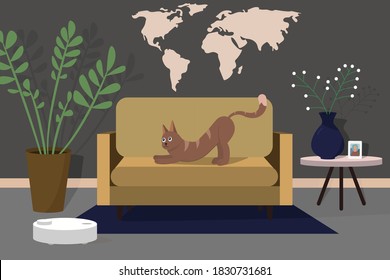 Robot vacuum cleaner cleaning the room cat relaxing on sofa. Cozy living room with sofa, plants, lamp and cat. Vector illustration