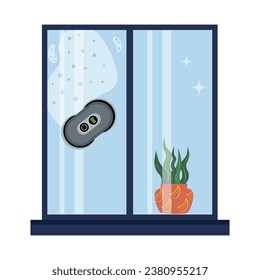 A robot vacuum cleaner cleans a window. Window cleaning robot. Robot home assistant. House cleaning. Vector illustration