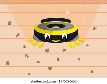 The robot vacuum cleaner collects dirt on the floor of the apartment. Vector illustration, drawing in a flat style, cartoon.
