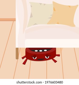 The robot vacuum cleaner collects dirt on the floor of the apartment under the sofa. Vector illustration, drawing in a flat style, cartoon.
