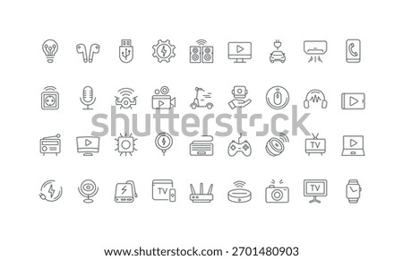 Robot vacuum cleaner, drone and action camera, smart plug thin black and red outline symbols vector illustration Tech gadgets and equipment, headphones and speakers, smartphone, laptop line icon set.