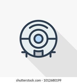 robot vacuum cleaner, household electronic equipment thin line flat icon. Linear vector illustration. Pictogram isolated on white background. Colorful long shadow design.