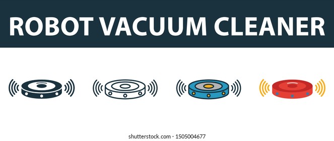 Robot Vacuum Cleaner icon set. Four elements in diferent styles from smart home icons collection. Creative robot vacuum cleaner icons filled, outline, colored and flat symbols.