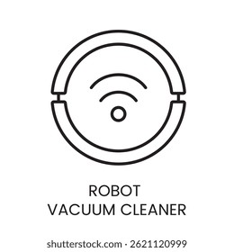 Robot vacuum cleaner icon with smart signal, ideal for home automation visuals, smart cleaning branding, and tech interfaces. Line icon in vector with editable stroke.