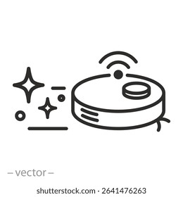 robot vacuum cleaner icon, smart cleaner device, shiny surface, thin line symbol on white background - editable stroke vector illustration eps 10