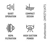 Robot vacuum cleaner icons-set - High suction power, HEPA filtration, Compact design, Quiet operation. Pictograms for labeling in bold line