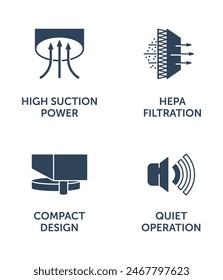 Robot vacuum cleaner icons-set - High suction power, HEPA filtration, Compact design, Quiet operation. Pictograms for labeling in flat monochrome style