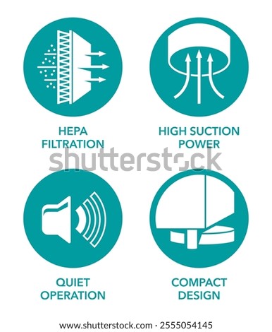 Robot vacuum cleaner icons-set - High suction power, HEPA filtration, Compact design, Quiet operation. Pictograms for labeling in monochrome style, in circles