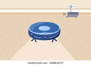 robot vacuum cleaner. The interior of the room, the concept of home cleaning and automation of Household. Remote charging station. Vector illustration of a flat cartoon style
