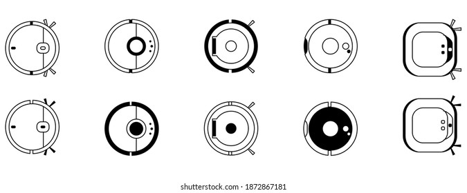 Robot vacuum cleaner line set,robotization concept, modern cleaning equipment signs,outline style.Vector graphics