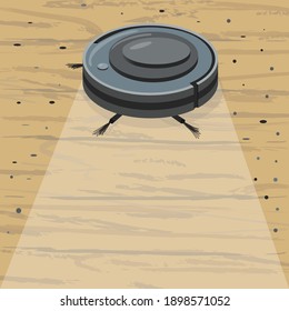 Robot vacuum cleaner. Modern intelligent household appliances for cleaning the apartment. Smart technology. washes and cleans wooden floor from debris and dirt. vector illustration