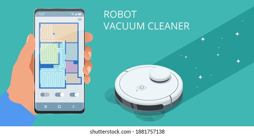 Robot vacuum cleaner performs automatic cleaning of the apartment at a certain time. Robot vacuum cleaner communicates with the smartphone via wireless