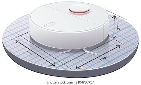 Robot vacuum cleaner placed on a graph paper with lines and arrows drawn in pencil to indicate its dimensions (cut out)