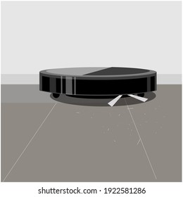 Robot vacuum cleaner in the process of cleaning up garbage and dust. Smart home appliances. Vector illustration