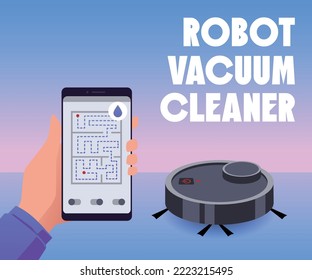 Robot vacuum cleaner remotely controlled by mobile app banner or poster mockup, flat vector illustration. Robotic vacuum cleaner household technology banner.