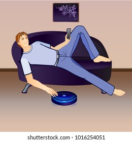 A robot is a vacuum cleaner and a resting guy. Smart House. The man on the couch. Working vacuum cleaner. Close-up