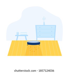 Robot vacuum cleaner. A room with a chest of drawers and a coffee table. Room cleaning.