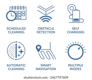 Robot vacuum cleaner six features icons set - Scheduled cleaning, Obstacle detection, Self-charging, Automatic cleaning, Smart navigation and Multiple modes. Pictograms for labeling in flat monochrome