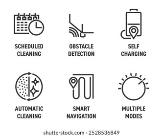 Robot vacuum cleaner six features icons set - Scheduled cleaning, Obstacle detection, Self-charging, Automatic cleaning, Smart navigation and Multiple modes. Pictograms for labeling in bold line