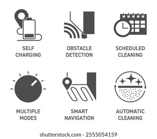 Robot vacuum cleaner six features icons set - Scheduled cleaning, Obstacle detection, Self-charging, Automatic cleaning, Smart navigation and Multiple modes. Pictograms for labeling in monochrome