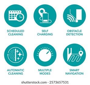 Robot vacuum cleaner six features icons set - Scheduled cleaning, Obstacle detection, Self-charging, Automatic cleaning, Smart navigation and Multiple modes. Pictograms for labeling in circular shape