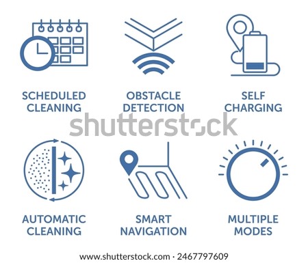 Robot vacuum cleaner six features icons set - Scheduled cleaning, Obstacle detection, Self-charging, Automatic cleaning, Smart navigation and Multiple modes. Pictograms for labeling in flat monochrome