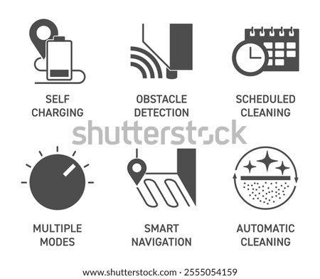 Robot vacuum cleaner six features icons set - Scheduled cleaning, Obstacle detection, Self-charging, Automatic cleaning, Smart navigation and Multiple modes. Pictograms for labeling in monochrome