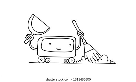 Robot Vacuum cleaner sketch. With broom and scoop. Illustration hand drawn. Tidy up cleaning. Smart House gadget. Housekeeper the character.