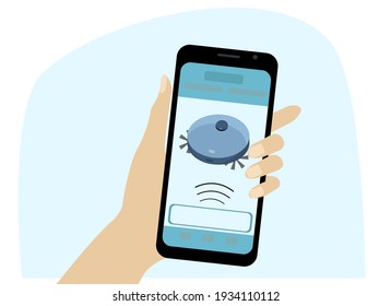 Robot vacuum cleaner. Smart home control from a mobile phone. Vector drawing