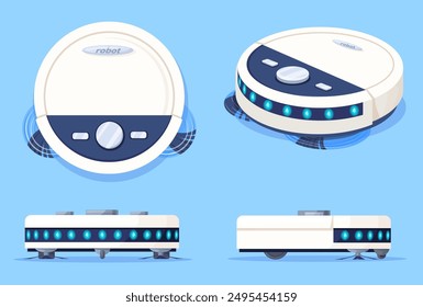 Robot vacuum cleaner. Smart home floor dust cleaners, household wireless automatic electronic appliance housekeeping clean tool robotic modern technology, neat vector illustration authors graphics