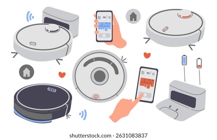 Robot Vacuum Cleaner, Smart Wireless Robotic Household Appliance Isolated On White Background. Automatic Machine With Remote Control and Artificial Intelligence. Vector Illustration