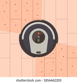 Robot vacuum cleaner top view cleans the floor. Modern wireless equipment for cleaning the apartment. Vector flat illustration