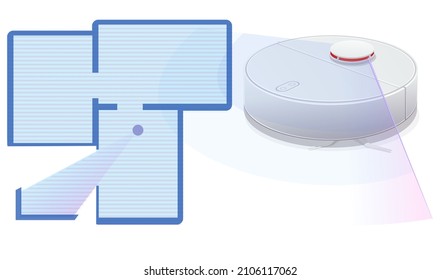 Robot vacuum cleaner using his laser rangefinder to find his way around his environment with the location map in the rooms of the home